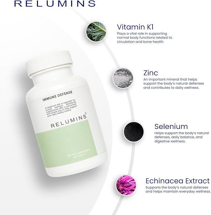 Relumins Immune Defense – Daily Nutrient Blend with Zinc Selenium Vitamin K1 Echinacea &amp Natural Extracts for Wellness Support – 60 Capsules