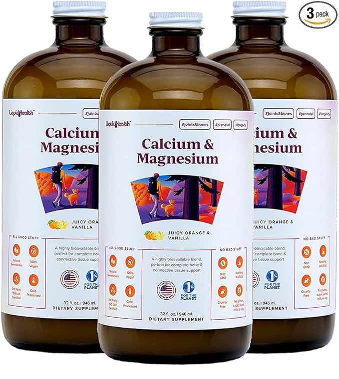 LIQUIDHEALTH Calcium &amp Magnesium Adult Liquid Vitamin Supplement - Bone Joint Muscle Connective Tissue Support Heart Health Essential Nutrients - Made in USA Vegan Non GMO No Sugar (3 Pack