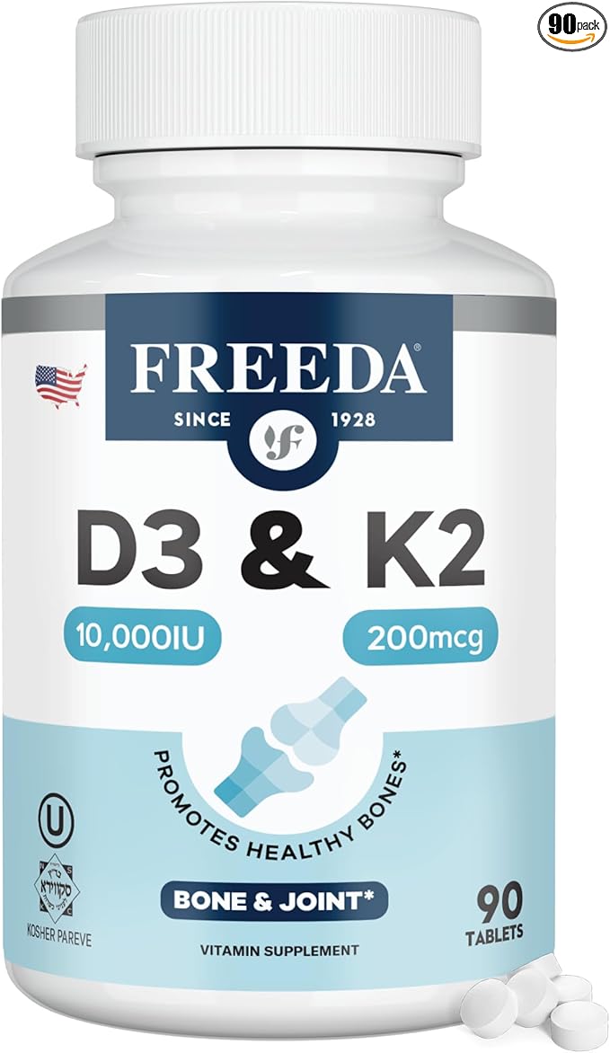 FREEDA Vitamin D3 with K2 Vitamin 10000 IU (250 mcg) + 200 mcg MK7 – High Potency VIT D3 K2 Supplement 10000IU for Bone &amp Joint Support – Supports Calcium Absorption – Made in USA (90 Tablets)