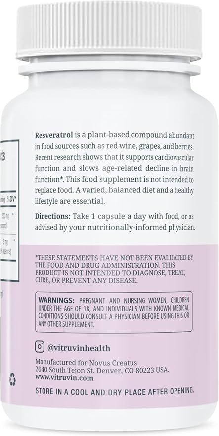 VITRUVIN Trans-Resveratrol Supplement 500mg 3 Bottles Pack Vegan Non-GMO Gluten-Free Gelatin-Free.