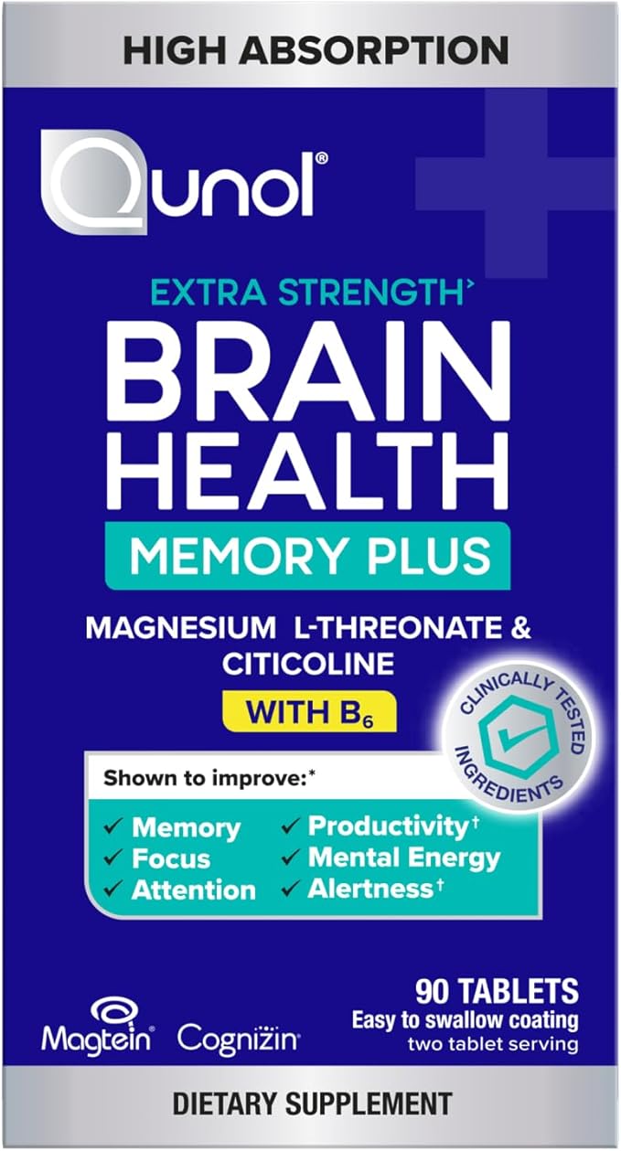 Qunol Brain Health Memory Plus with B6 Magnesium L-Threonate &amp Citicoline Clinically Tested Ingredients to Improve Memory Focus Attention and Productivity 90 Count