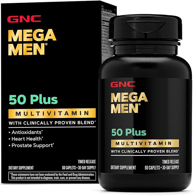 GNC Mega Men 50 Plus Multivitamin Caplets Clinically Proven Heart &amp Prostate Health B Vitamins Saw Palmetto Memory Vitamin D-3 60 Count