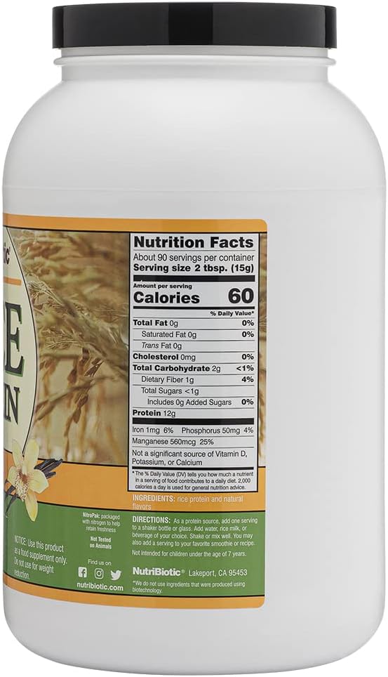 NutriBiotic – Vanilla Rice Protein 3 Lb (1.36kg) | Low Carb Keto-Friendly Vegan Raw Protein Powder | Grown &amp Processed Without Chemicals GMOs or Gluten | Easy to Digest &amp Nutrient Rich