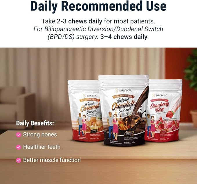 BariatricPal Sugar-Free Calcium Citrate Soft Chews | 500mg with Vitamin D &amp Probiotics | Orange Creamsicle | 90 Count (1 Month Supply)