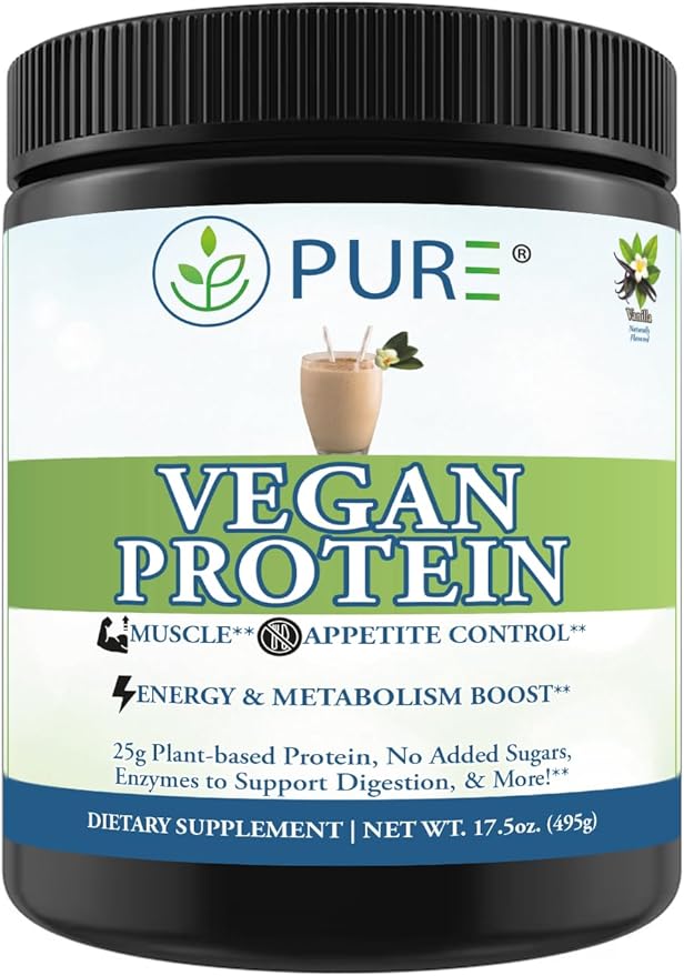 PURE® Vegan Protein Powder - 25g Plant Based Protein 15 Servings - Pea &amp Mung Bean Blend with Digestive Enzymes - Dairy-Free - Muscle Recovery &amp Appetite Control - Vanilla 495 Grams