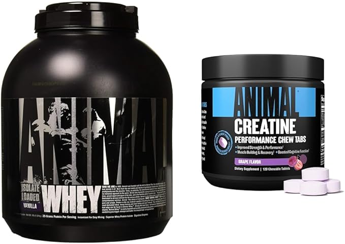 Animal Whey Isolate Whey Protein Powder – Isolate Loaded for Post Workout and Recovery &amp Creatine Chews Tablets - Enhanced Creatine Monohydrate with AstraGin to Improve Absorption