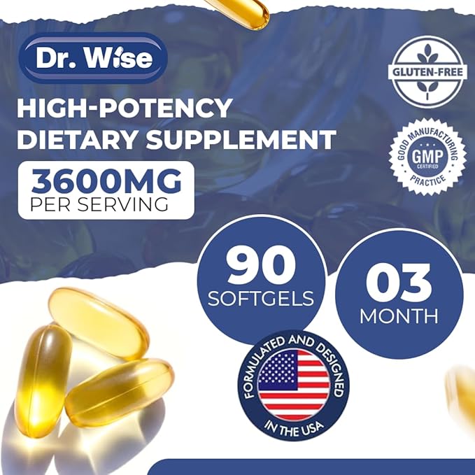 Dr. Wise Omega 3 Fish Oil 3600mg – 2160mg Omega-3 per Softgel (1300mg EPA 860mg DHA) – Triple Strength Once Daily – 90 Burpless Lemon Softgels – 3-Month Supply