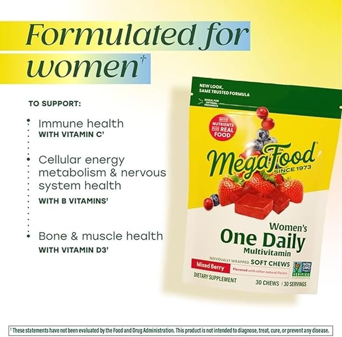 MegaFood Multivitamin for Women One Daily Multivitamins Soft Chews with Folate Methylated B12 Vitamin B6 Biotin Vitamin D3 C &amp A - Mixed Berry Flavor - Vegetarian Non-GMO - 30 Chews