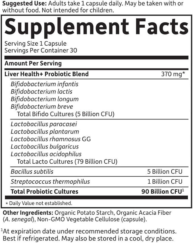 Garden of Life Dr. Formulated Probiotics Platinum Series Liver Health+ 90 Billion CFU Guaranteed One a Day Probiotic for Healthy Detoxification &amp Elimination Support Vegan Gluten Free 30 Capsu