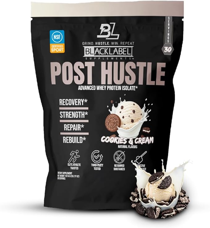 BLACKLABEL Supplements Post Hustle Post Workout Protein Powder 30 Servings – NSF Certified for Sport Whey Isolate Protein Powder with Digestive Enzymes – Cookies &amp Cream