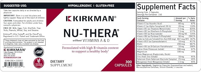 Kirkman Nu-Thera Without Vitamins A &amp D - Hypoallergenic || 300 Vegetarian Capsules || Multi Vitamin with Vitamin B-6