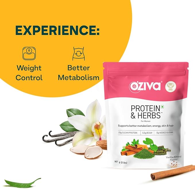 OZiva Protein &amp Herbs Women with Multivitamins Curcumin Shatavari Tulsi for Improved Metabolism Hormonal Balance &amp Skin Hair Health 2.2 lbs Vanilla Almond. Soy Free Gluten Free Non G