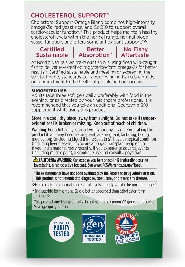 Nordic Naturals Cholesterol Support Lemon - 60 Soft Gels - 975 Omega-3 + Red Yeast Rice &amp CoQ10 - Normal Cholesterol Antioxidant Support - EPA &amp DHA - Non-GMO - 20 Servings