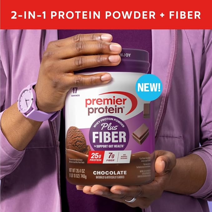 Premier Protein Powder Plus Fiber Chocolate 25g Protein 7g Fiber to Support Gut Health No Added Sugar (17 Servings)