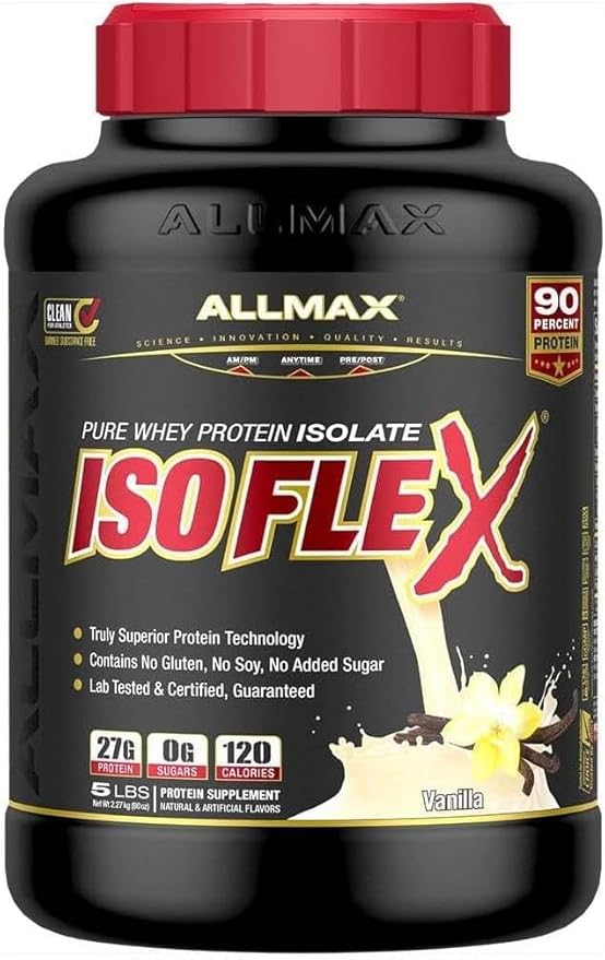 ALLMAX ISOFLEX Whey Protein Isolate Vanilla - 2 lb - 27 Grams of Protein Per Scoop - Zero Fat &amp Sugar - 99% Lactose Free - Gluten Free &amp Soy Free - Approx. 30 Servings