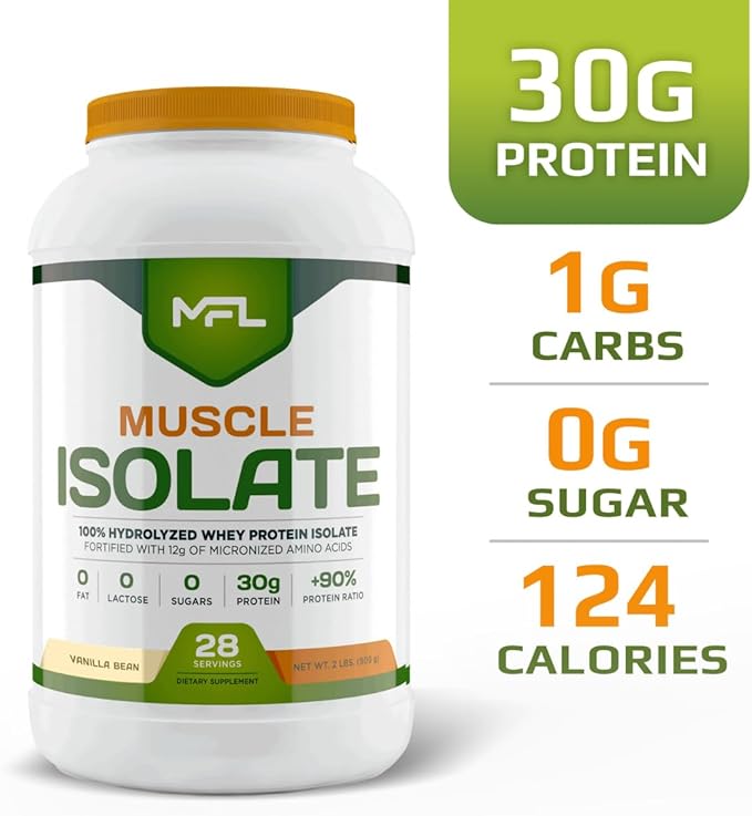 MFL 100% Isolate Protein l 30g of Protein l 12g Amino Acids l Keto Friendly l Low Carbs l 2 lbs. (Vanilla Bean)