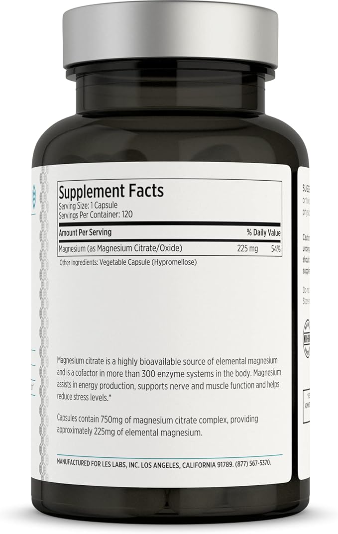 LES Labs Magnesium Citrate – Stress Relief Restful Sleep Heart Health Metabolism Nerve &amp Muscle Function – Non-GMO Supplement – 120 Capsules (Pack of 2)