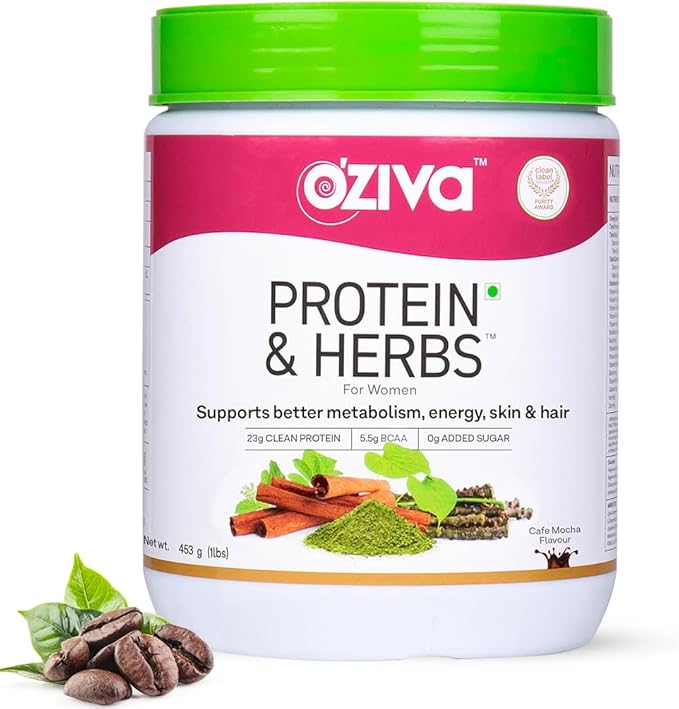 OZiva Protein &amp Herbs Women with Multivitamins Curcumin Shatavari Tulsi for Improved Metabolism Hormonal Balance &amp Skin Hair Health 1.1 lbs Cafe Mocha. Soy Free Gluten Free Non GMO