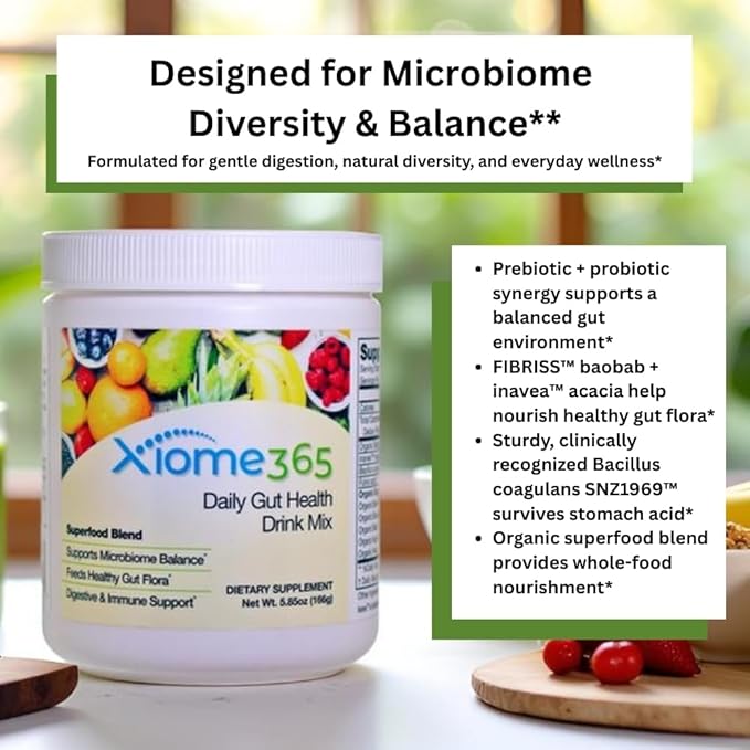 Xooma Xiome365 Gut Health Drink Mix – Organic Prebiotic Fiber + Polyphenols + B. Coagulans | Supports Gut Lining &amp Microbiome | No Sugar Dairy-Free Great Taste | Daily Gut Support Powder