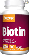 Jarrow Formulas Biotin 5000 mcg - 100 Veggie Caps Pack of 2 - Supports Skin &amp Hair Growth Lipid Metabolism &amp Energy Production (ATP) - 200 Total Servings
