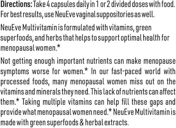 NeuEve Multivitamin for Menopausal Women Immune Support Supplement with Iron Vitamin D 30 Day Supply 120 Veg Capsules.
