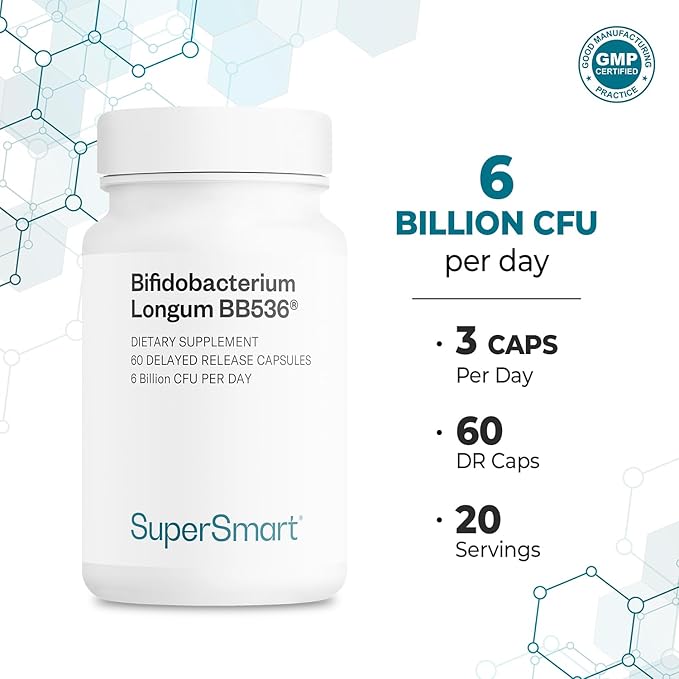 Supersmart - Bifidobacterium Longum (BB536) 6 Billion CFU per Day - Probiotics &amp Prebiotics Supplement | Non-GMO &amp Gluten Free - 60 DR Capsules