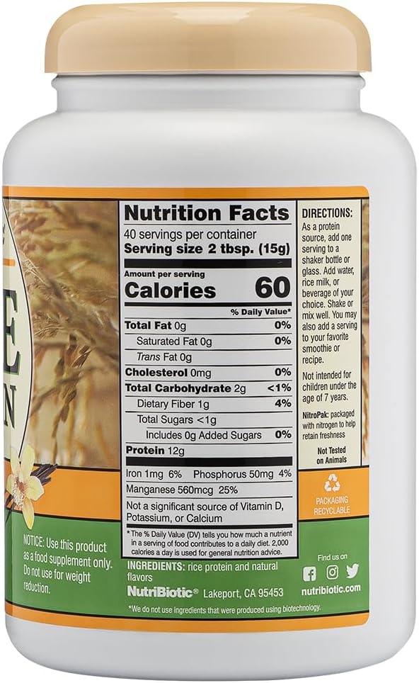 NutriBiotic – Vanilla Rice Protein 1 Lb 5 Oz (600g) | Low Carb Keto-Friendly Vegan Raw Protein Powder | Grown &amp Processed Without Chemicals GMOs or Gluten | Easy to Digest &amp Nutrient-Rich