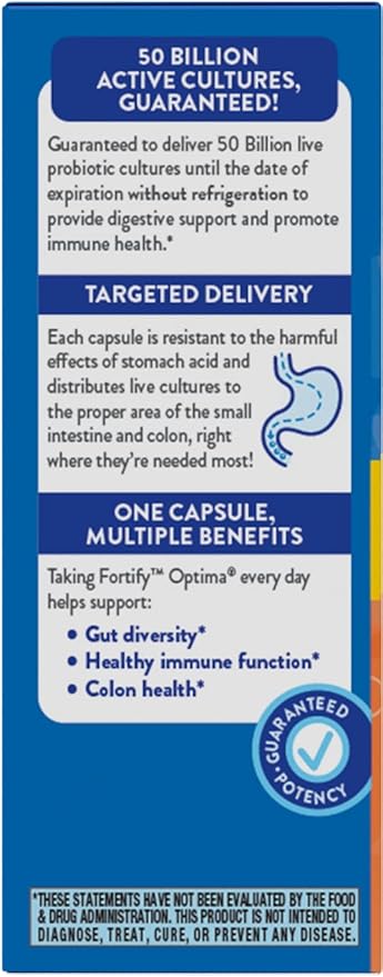 Nature's Way Fortify Optima Probiotic for Men and Women 50 Billion Live Cultures 6 Strains Supports Digestive and Immune Health* 30 Capsules (Packaging May Vary)