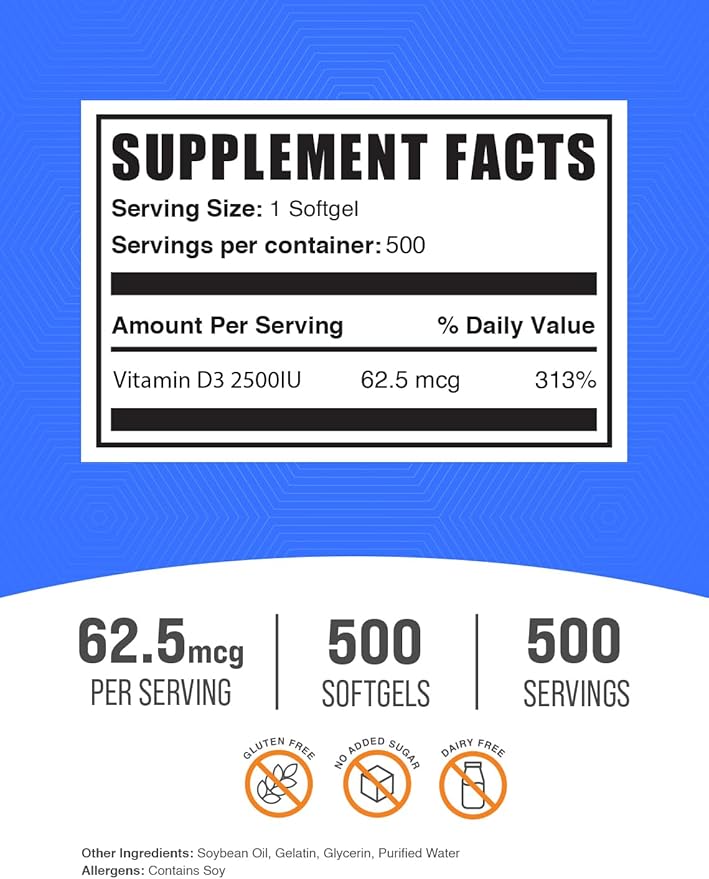 BulkSupplements.com Vitamin D3 2500IU Softgels - Cholecalciferol D3 Supplement Vitamin D 2500 IU - 1 Vitamin D3 Softgel (62.5mcg of Vitamin D) per Serving 500 Count (Pack of 1)