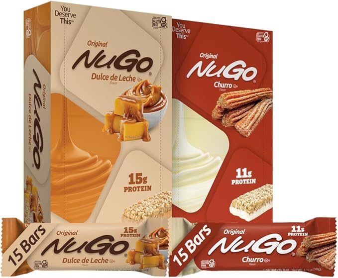 NuGo Protein Bar NEW! Dulce De Leche 15 bars &amp Churro 15 bars 11-15g Protein Gluten Free 30 Count