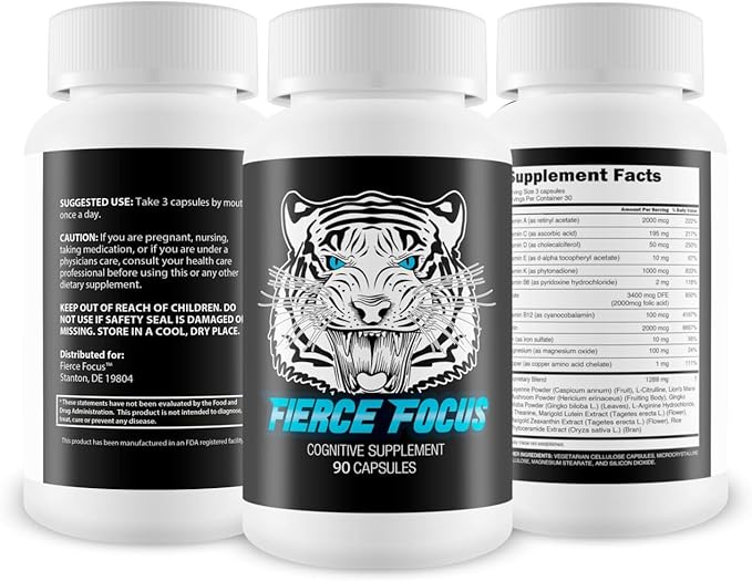 Fierce Focus- Natural Brain Function Support - Memory Focus &amp Clarity Formula -Optimal Performance Natural Nootropic and Cognitive Support Supplement - DMAE- 30 Capsules