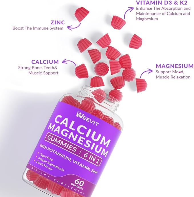 Sugar Free Calcium Gummies Supplement 600mg Calcium Magnesium Zinc Gummies with Vitamin D3 K2 Potassium High Absorption CA Gummy for Bone Teeth &amp Muscle