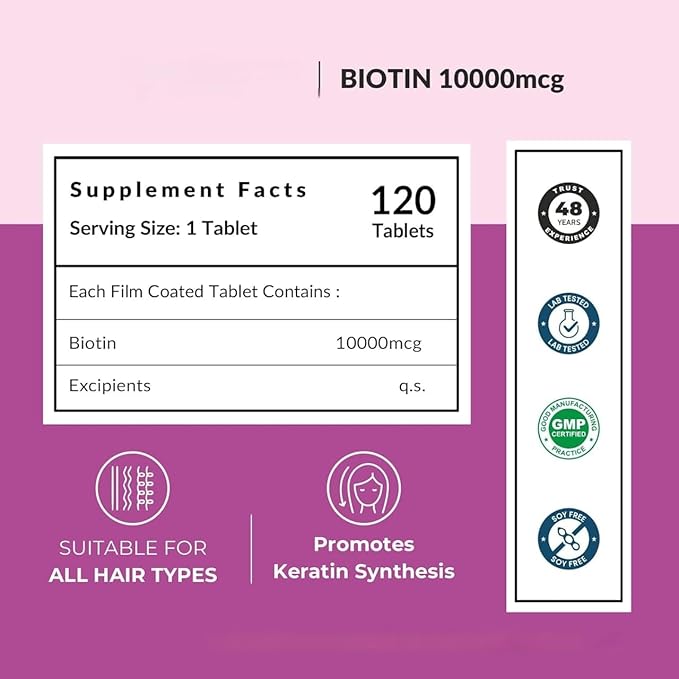 Biotin 10000mcg | Tablets for Hair Growth | Biotin Supplement for Hair Skin and Nails | Hair Vitamins for Men &amp Women | 120 Tablets