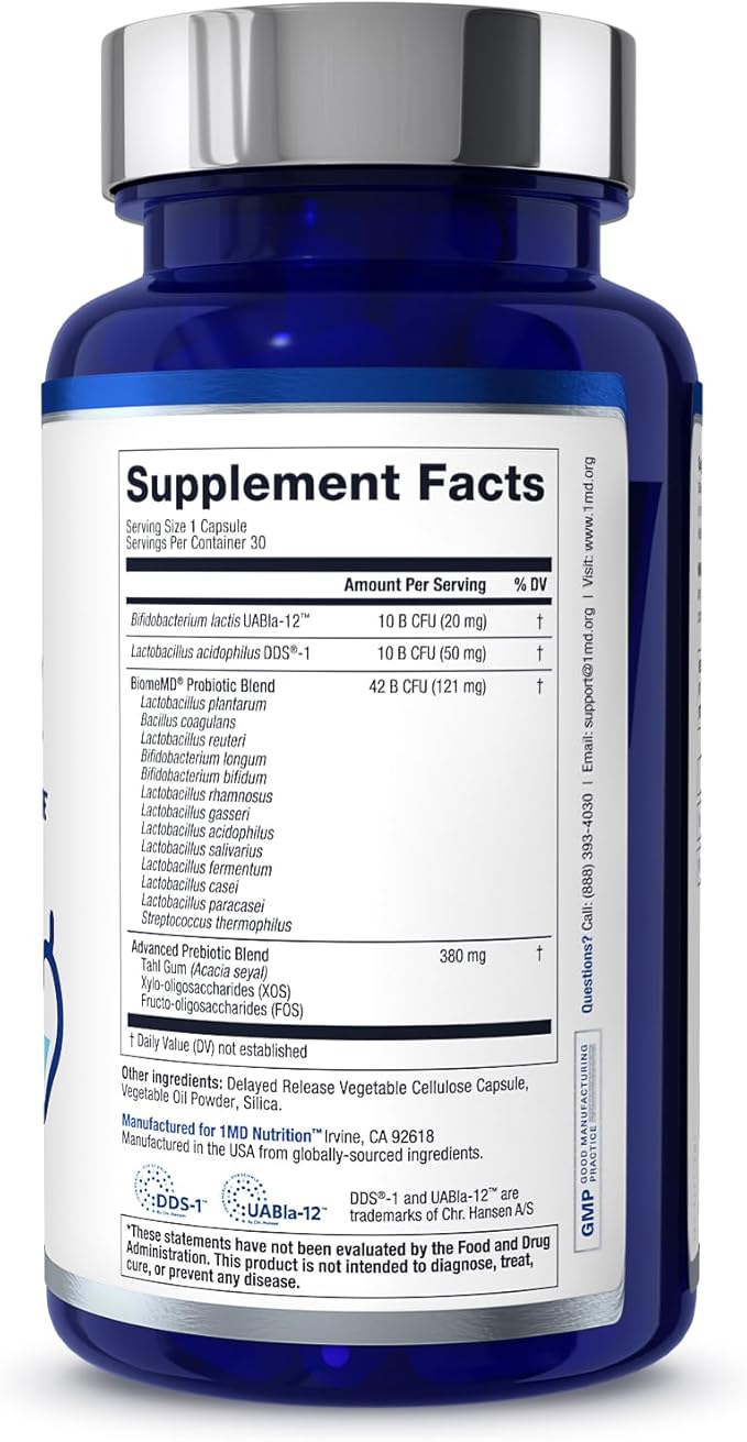 1MD Nutrition BiomeMD Probiotics | 62 Billion CFUs 15 Comprehensive Strains - Pro &amp Prebiotics | Doctor-Formulated for Digestive Health &amp Immune Support | 60 Capsules