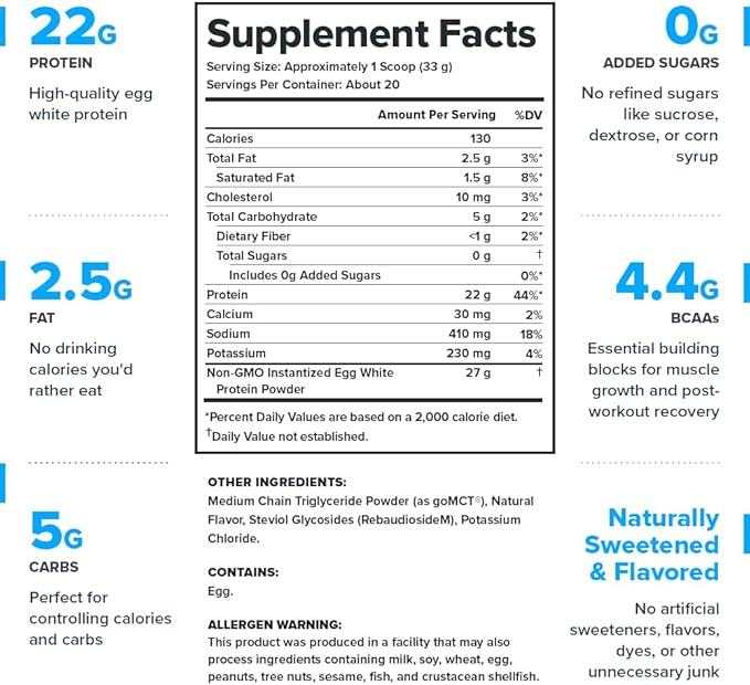 LEGION Egg+ Protein Powder with BCAAs - Naturally Sweetened and Flavored Egg White Protein Powder - Fast Digesting Protein for Muscle Growth and Strength Vanilla 20 Servings