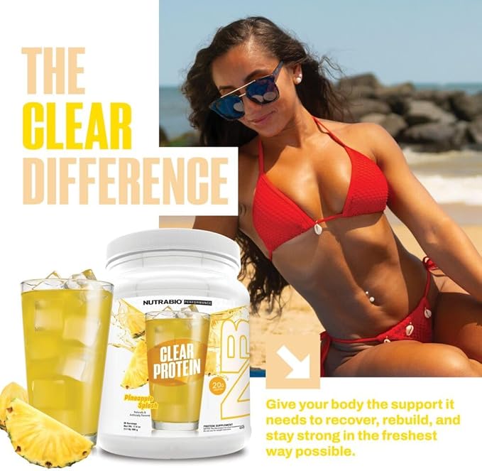 NutraBio Clear Protein Powder Pineapple Splash - 20 Servings 20g Clear Whey Protein Isolate 0 Sugar 0g Lactose Refreshing Fruit Flavors GLP1 Support - Bone Health - Muscle Post Workout Recovery
