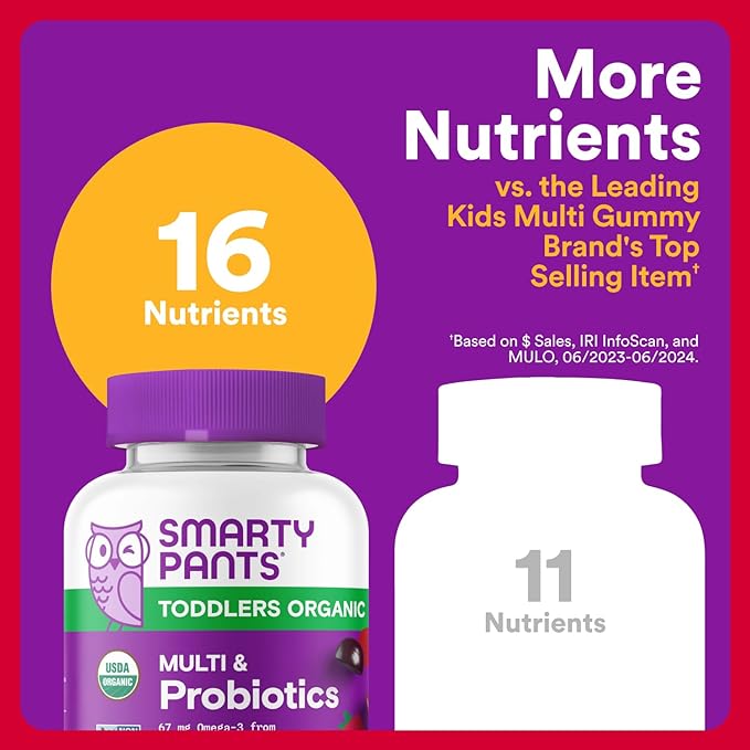 SmartyPants Organic Toddler Multivitamin Gummies: Probiotics Omega 3 (ALA) Vitamin D3 C Vitamin B12 B6 A K &amp Zinc Beta Carotene Gluten Free Three Fruit Flavors 60 Count (30 Day Supply)