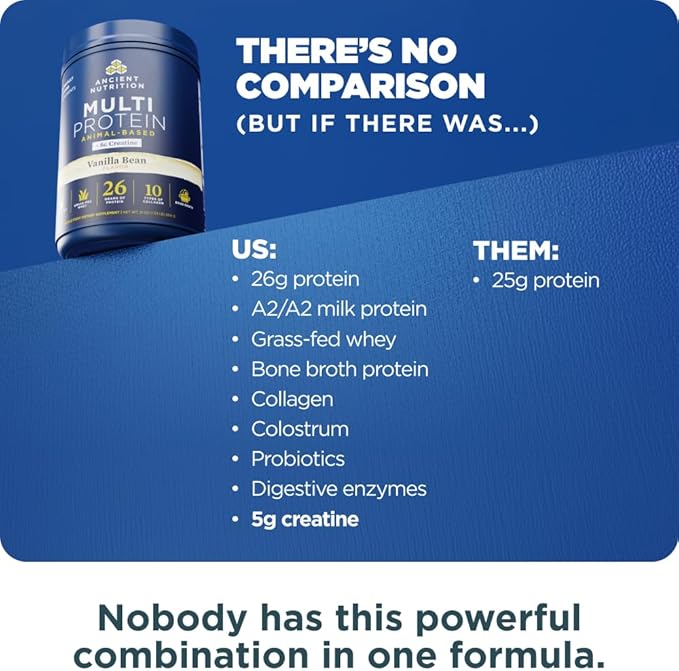 Ancient Nutrition Multi Protein Animal Based Powder + Creatine 26g Protein Grass Fed Whey Bone Broth Collagen Peptides 5g Creatine Monohydrate Colostrum &amp Probiotics Vanilla Bean 15 Servin