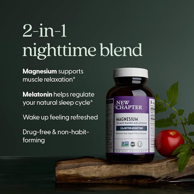 New Chapter Magnesium + Plant-Based Melatonin Supplement with 2.5X Better Absorption Magnesium Glycinate &amp Non-GMO Melatonin 1 mg from Tomato – Sleep Aid &amp Muscle Relaxation* - 60 Tablets