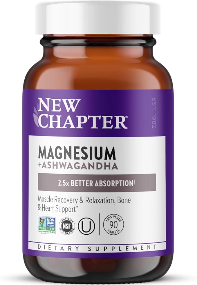 New Chapter Magnesium + Ashwagandha Supplement 325 mg with Magnesium Glycinate for Muscle Relaxation &amp Recovery Heart Nerve &amp Bone Health 2.5X Absorption Non-GMO - 90 ct (3 Month Supply)