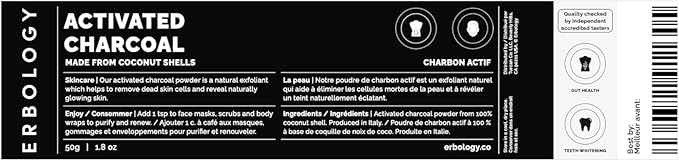 Erbology Activated Charcoal Powder 1.8 oz - Teeth Whitening - Add to Face Masks Toothpaste and Body Wraps for Natural Exfoliation - Natural Digestive Aid - Vegan - Recyclable Glass Jar