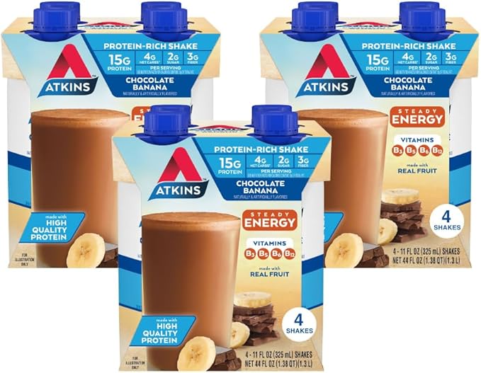 Atkins Chai Tea Latte and Chocolate Banana Protein Shakes Bundle 15g Protein Low Glycemic 3-4g Net Carbs 1-2g Sugar