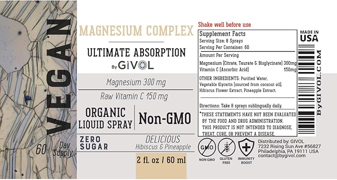 Tri Magnesium Complex - Magnesium Biglycinate Citrate &amp Taurate Liquid Spray 300mg w/Raw Vitamin C for Promoting Serenity Body Decompression - Hibiscus &amp Pineapple Flavor 60ml (2oz)
