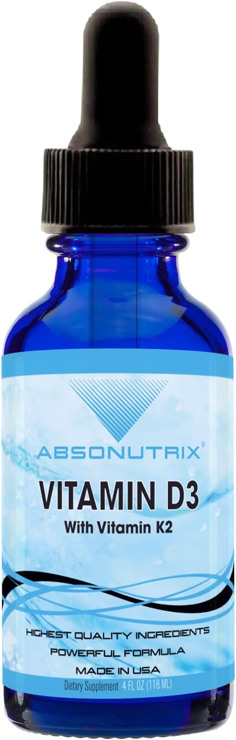 Absonutrix Vitamin D3 K2 Drops 390mg 4 Oz Liquid 302 Servings Made in USA Quick Absorption Quality Potent Ingredients Non-GMO GMP Certified Cruelty-Free Products Bone Strength Supplements