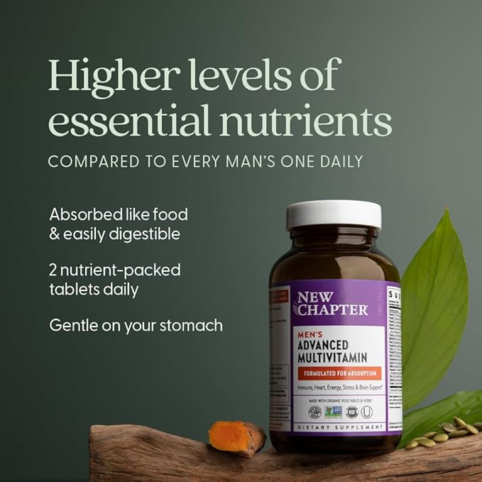 New Chapter Men's Multivitamin Advanced Formula for Stress Brain Immune Heart &amp Energy Support Higher Levels of Whole-Food Fermented Essential Nutrients for Men + Selenium + B Vitamins 72 ct