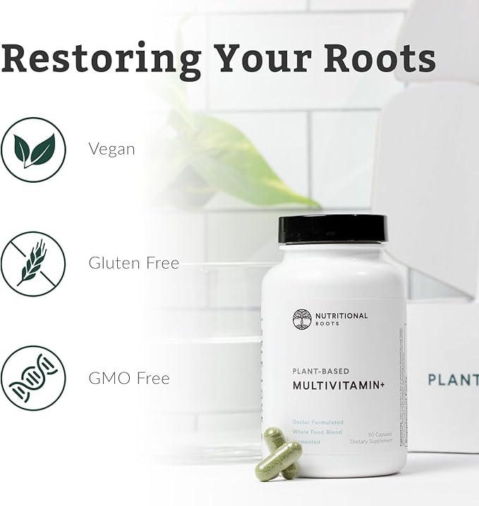Nutritional Roots Multivitamin+ Award-Winning Plant-Based (Vegan) Multivitamin Organic Vegetables &amp Herbs Fermented Vitamins Probiotics Doctor's Choice 45 Servings
