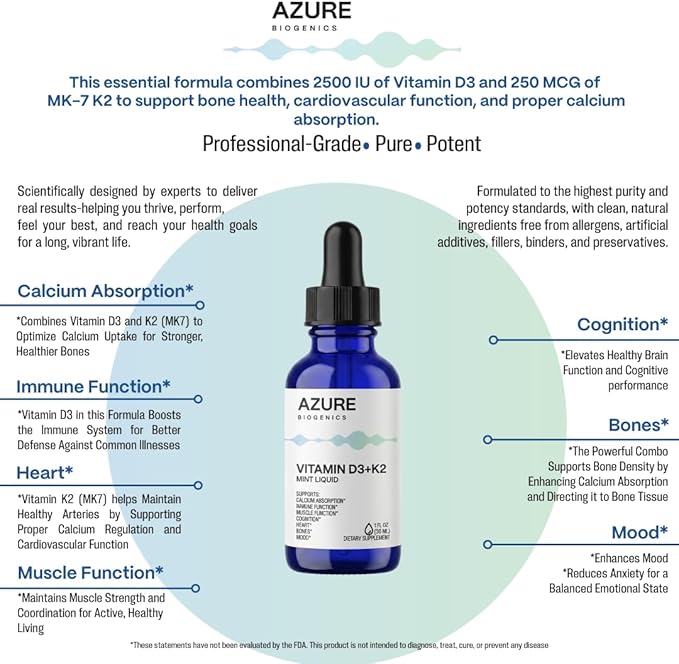 Vitamin D3 K2 Drops - High Potency 2500 IU D3 &amp 250 mcg K2 MK7- Supports Bone Immune Heart Muscle Mood &amp Cognitive Health*-Fast Absorption Mint Flavor Vegan Non-GMO