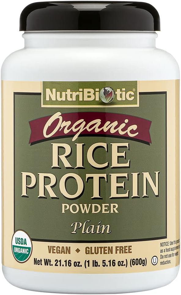 NutriBiotic Certified Organic Plain Rice Protein 21 Ounce | Low Carbohydrate Vegan Protein Powder | Raw Certified Kosher &amp Keto Friendly | Made Without Chemicals GMOs &amp Gluten | Easy to Dig