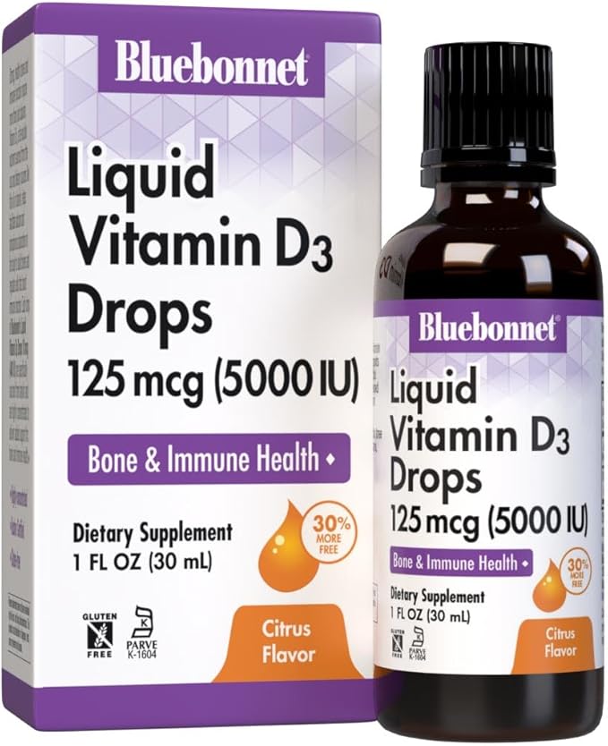 Bluebonnet Nutrition Liquid Vitamin D3 Drops 5000 IU Aids in Muscle and Skeletal Growth D3 Non GMO Gluten Free Soy Free Dairy Free Kosher Citrus Flavor (743715003781) 1 Fl Oz (Pack of 1)