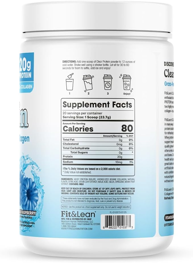 Fit &amp Lean Clear Protein Powder with Whey Isolate Protein and Collagen Grass Fed Muscle Recovery Skin Joints GLP-1 Support 0g Sugar Blue Raspberry 20 Servings